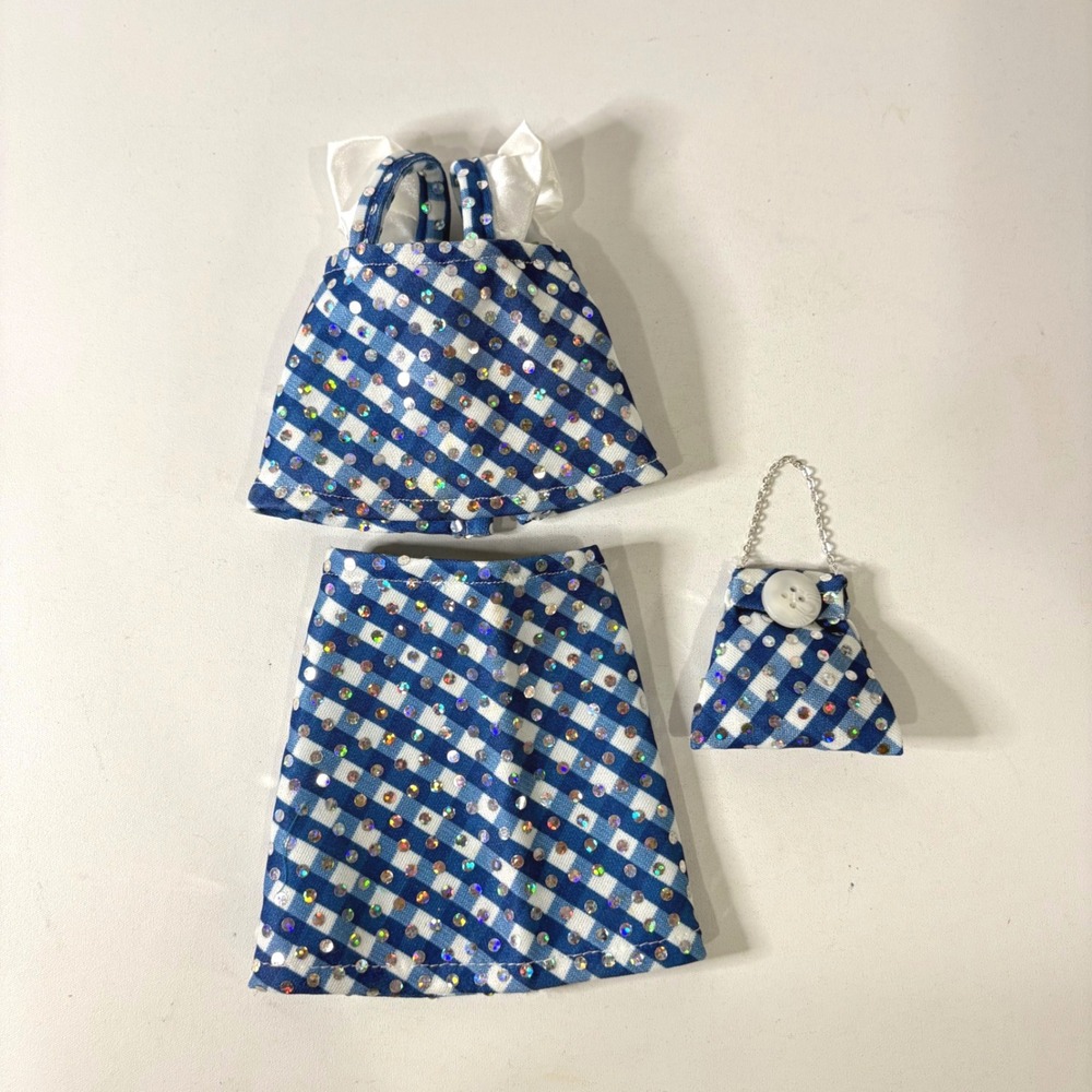 Handmade Blue Gingham Sequin Doll Outfit Set for 14 Inch Dolls 3pc Skirt Top Bag